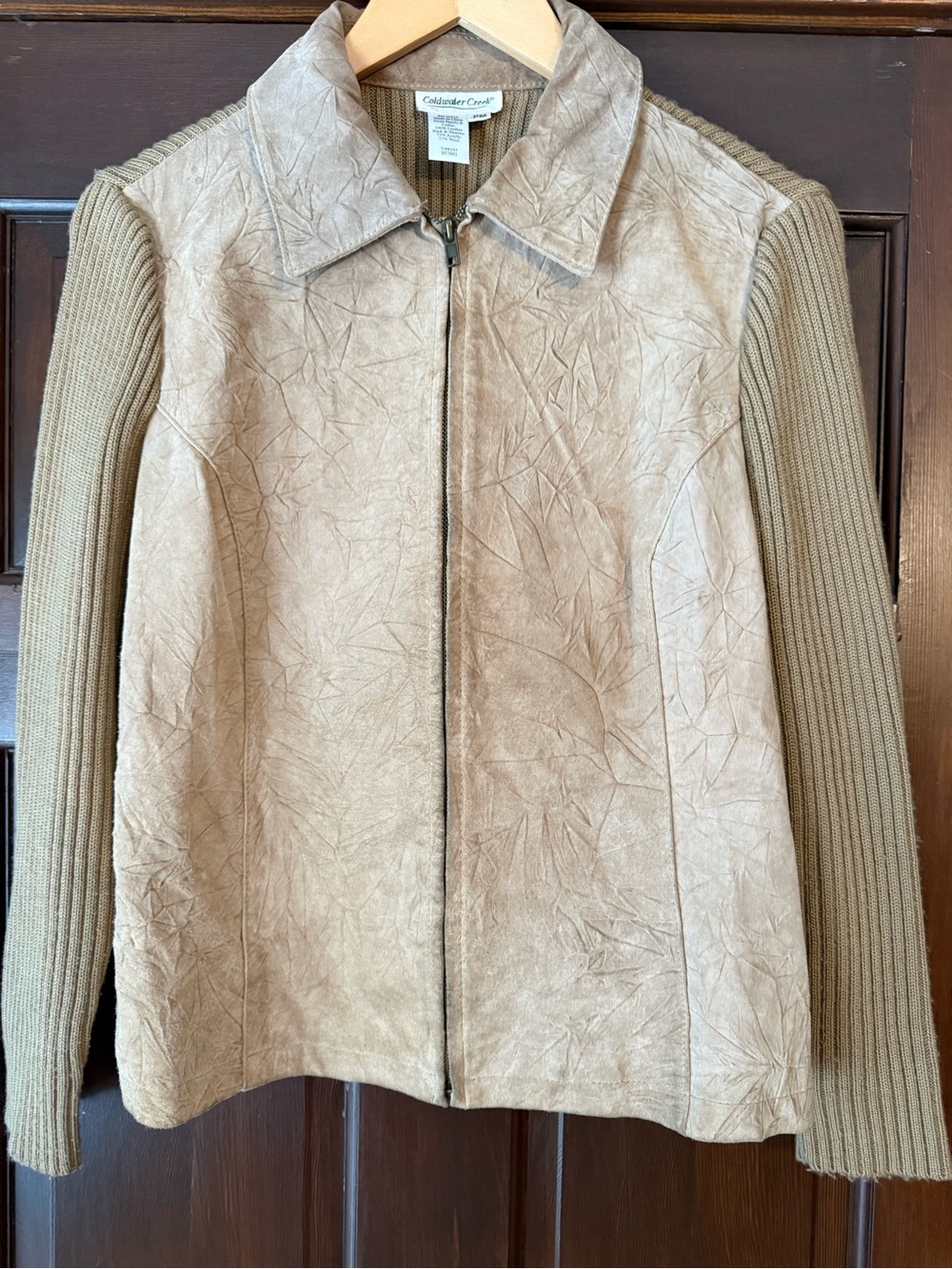 Coldwater Creek Beige Leather Jacket with Ribbed Beige Sleeves